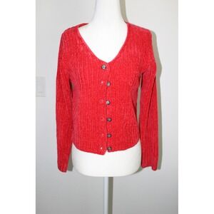 Moda International Vintage Red Chenille Ribbed V-Neck Cardigan Sweater XS